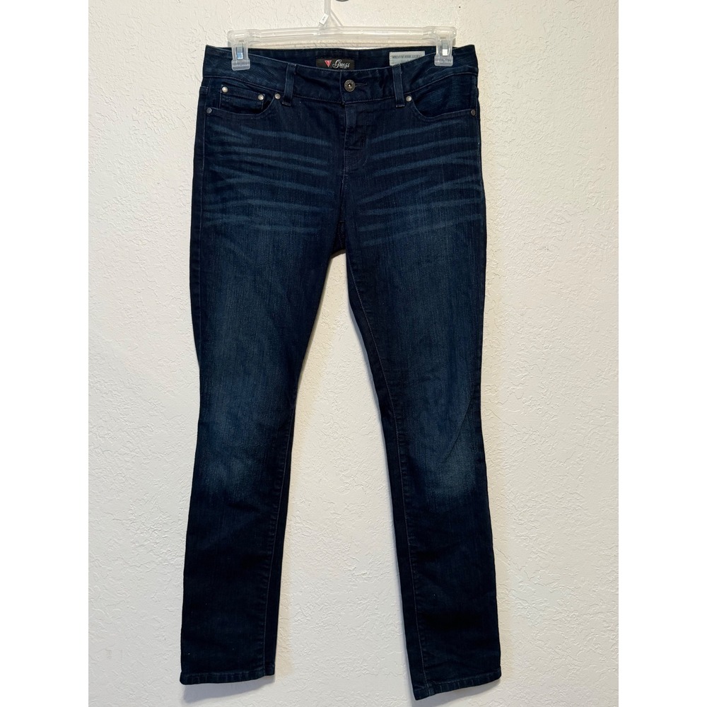 Guess Sarah Fit Medium Rise Skinny Jeans Dark Wash Rhinestone Logo Size 31